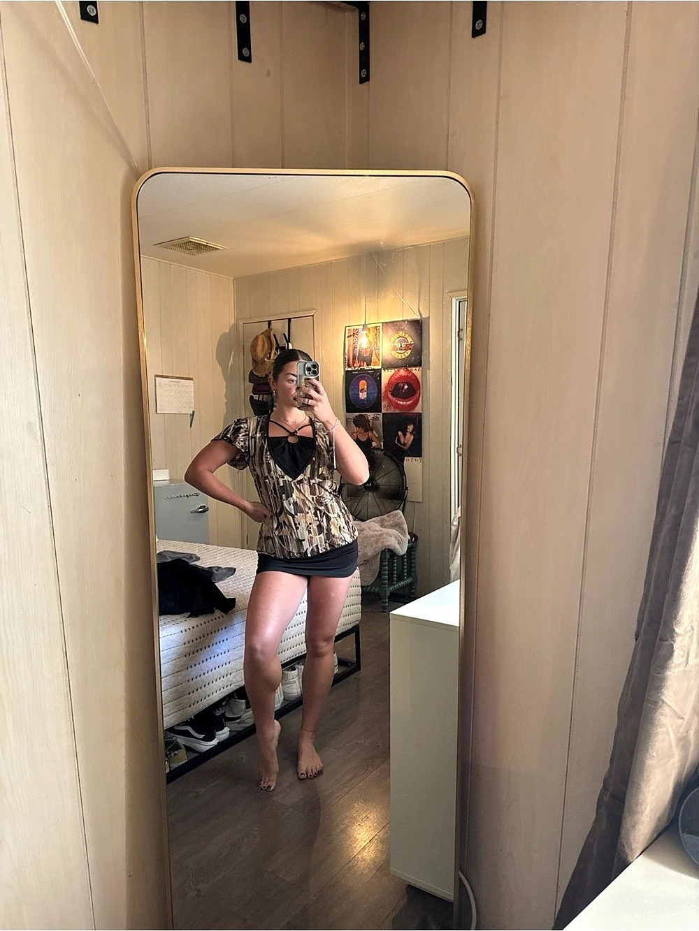 JKLA Y2K Printed Short Sleeve Blouse in Brown & Black